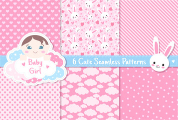 Baby Girl Paper Pack, 6 Seamless Patterns Vector