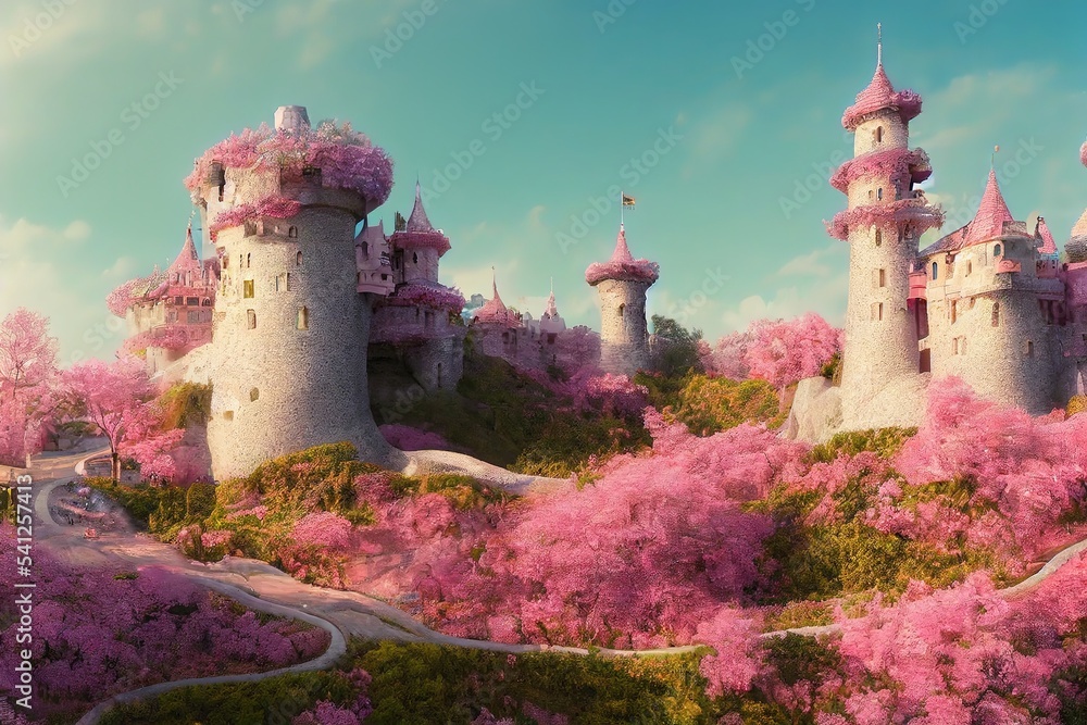 Wall mural An ancient castle on a green hill surrounded by trees with a pink crown and a rocky road leading to the castle 3d illustration