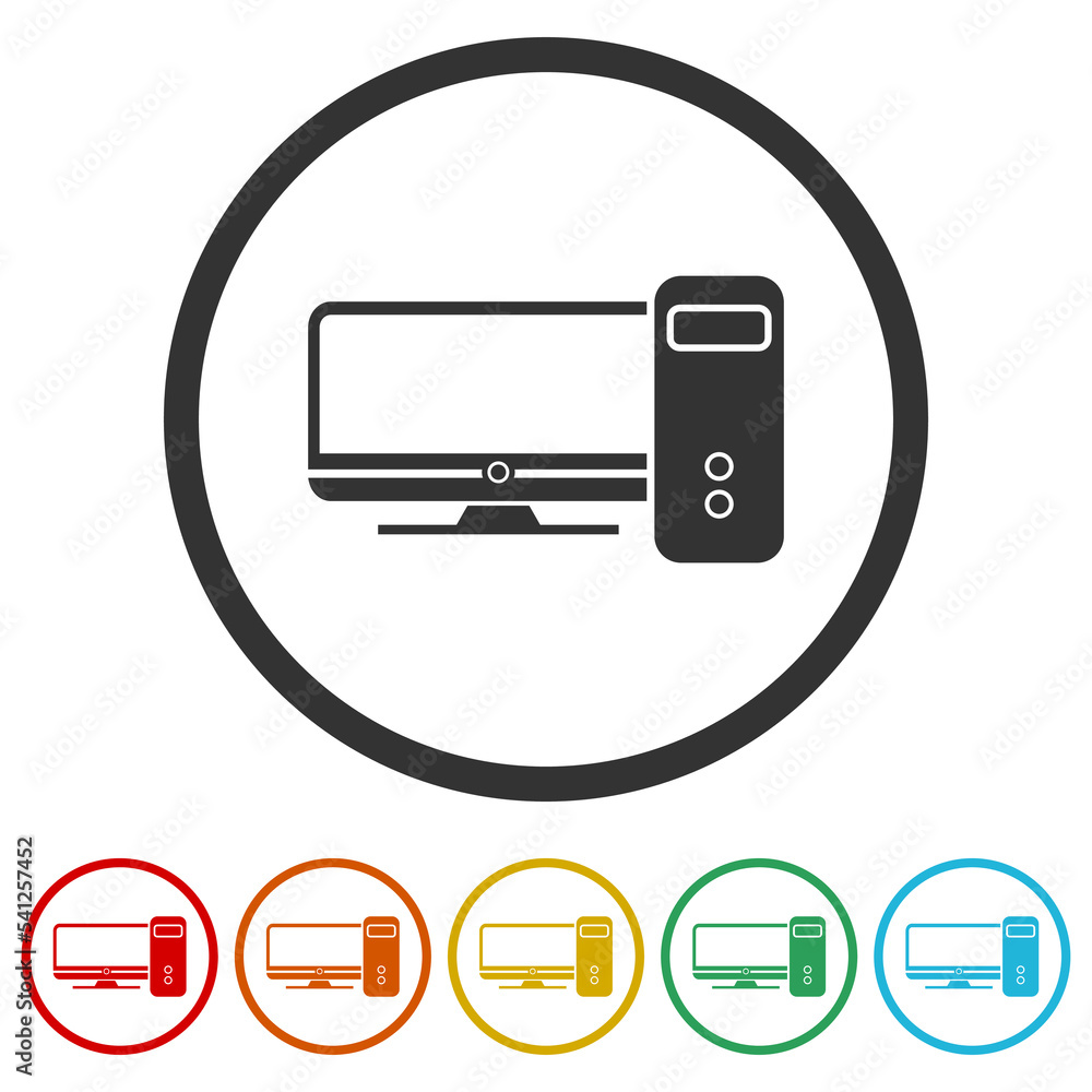 Poster desktop computer icon. set icons in color circle buttons