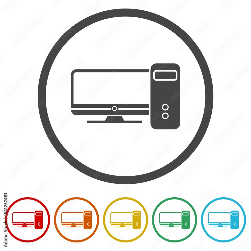 Poster desktop computer icon. set icons in color circle buttons