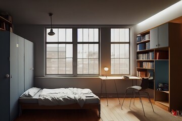 Room with a bed, a desk, a chair and a bookshelf, a large bright window 3d illustration - obrazy, fototapety, plakaty