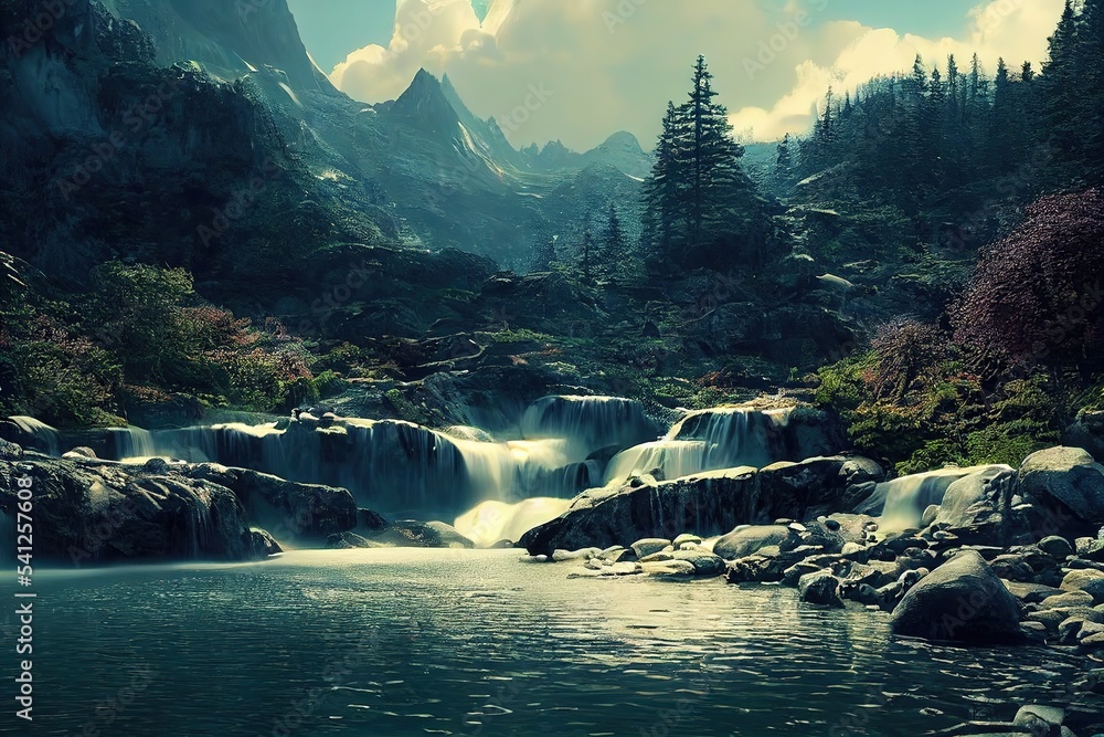 Poster waterfall in the green peaks of the mountains with streams of water that falls from the rocks into a