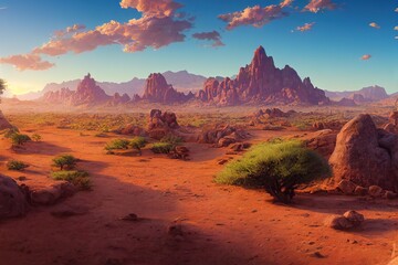 Desert, yellow dry land and mountains on the horizon under a blue sky with clouds 3d illustration