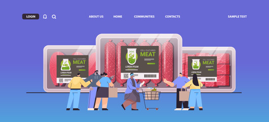 people buying plastic containers with cultured red raw meat made from animal cells artificial lab grown meat production