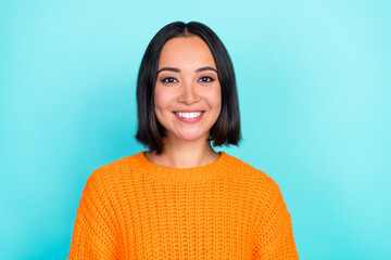 Photo of adorable gorgeous cheerful woman with bob hairdo dressed orange pullover dental advert...