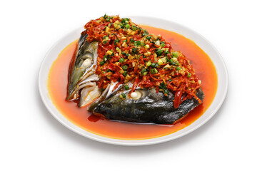 steamed fish head with chopped hot red peppers, Chinese Hunan cuisine isolated on white background