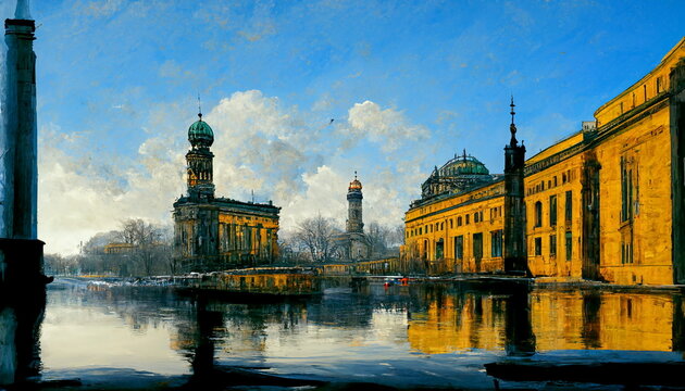 Museum Island with Bode Museum and TV Tower in Berlin Germany. Digital art and Concept digital illustration