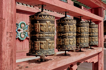 Close-up prayer drums, khurde. Attribute used in Buddhist rituals. I
