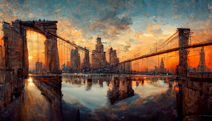 New York skyline panorama at sunset with Brooklyn Bridge. Digital art and Concept digital illustration