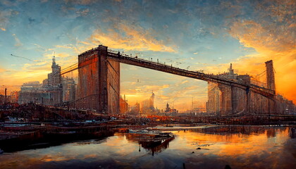 New York skyline panorama at sunset with Brooklyn Bridge. Digital art and Concept digital illustration - obrazy, fototapety, plakaty