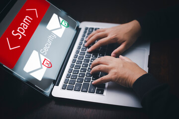 Email concept with laptop spam and virus computer monitor internet security concept, businessman...
