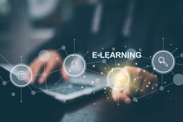 Concept E-learning education, Businessman hand touch Online Education icon on virtual screen. internet lessons and online webinar, online lessons on a digital screen.Education internet Technology.