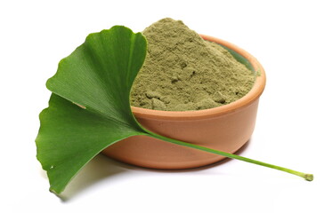 Ginkgo biloba green leaf with pile powder in clay pot isolated on white
