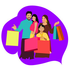 Beautiful Indian family holding bags with gifts in the mall.Joyful woman, man and children are holding bags. Vector illustration isolated from the background
