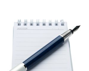 Pen on notebook, isolated on white background.