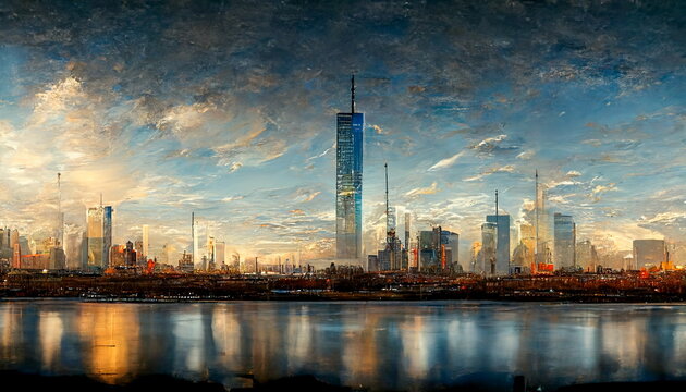 New York City skyline panorama with One World Trade Center. Digital art and Concept digital illustration.