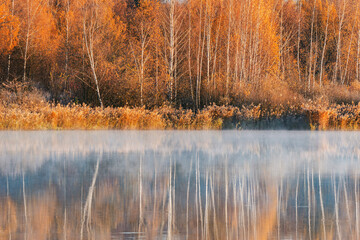 Fog above the lake at cold morning.