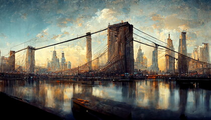 New York skyline panorama with Brooklyn Bridge. Digital art and Concept digital illustration.