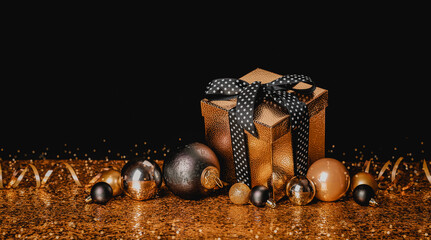 Congratulation Merry Christmas and Happy New Year. Golden box with a gift and Christmas balls on a...