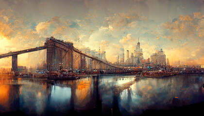 New York skyline panorama with Brooklyn Bridge. Digital art and Concept digital illustration.