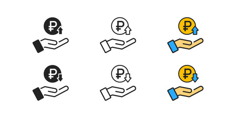 Rouble rate increase icon. Cost and price rising concept. Inwestment and salary growth. Coin, arrow up, arrow down signs. Crisis, inflation, finance, business symbol. Flat design.