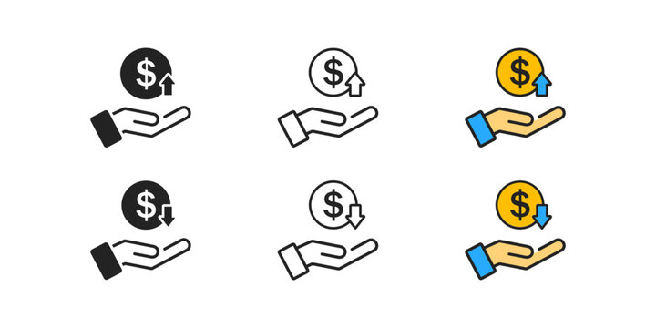 Dollar rate increase icon. Cost and price rising concept. Inwestment and salary growth. Coin, arrow up, arrow down signs. Crisis. Inflation. Finance, business symbol. Flat design.