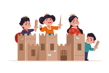Cardboard box castle. Cartoon children knights playing with handmade toys, cute characters build together carton fortress. Vector illustration