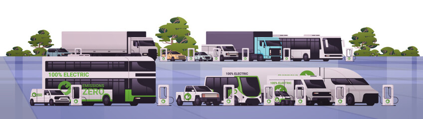 different electric transport charging battery vehicles at recharging power station charger EV management