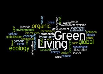 Word Cloud with GREEN LIVING concept, isolated on a black background