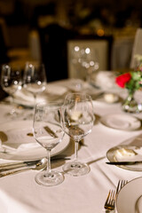 Wine glasses on a luxury table tablecloth