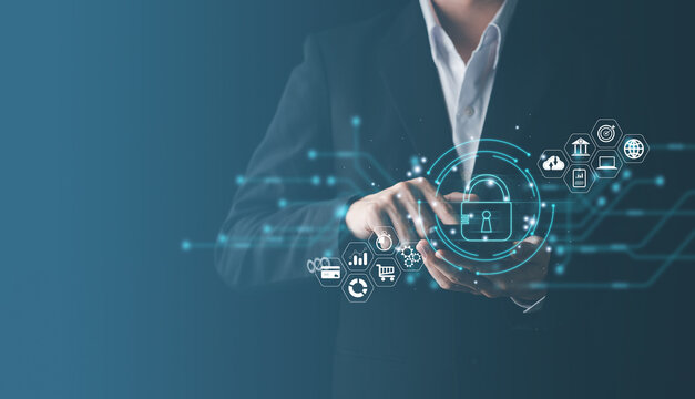 Man touching security scanning of digital programs. Surveillance of Personal database with Futuristic digital processing of biometric identification fingerprint scanner.