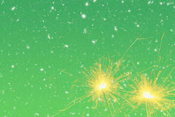 Burning sparklers on abstract snowy background. Happy new year. 3d illustration