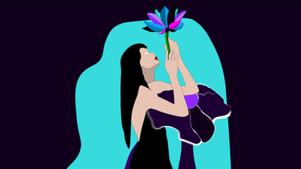 illustration, a girl with a flower on a dark background. background glamor