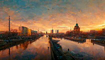 Panoramic view of Berlin at sunset. Digital art and Concept digital illustration.