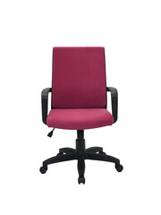 purple office fabric armchair on wheels isolated on white background, front view