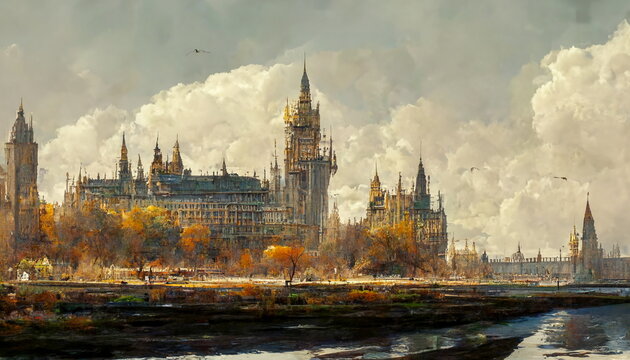 Panoramic View Of The Palace Of Westminster And Big Ben In United Kingdom. Digital Art And Concept Digital Illustration.