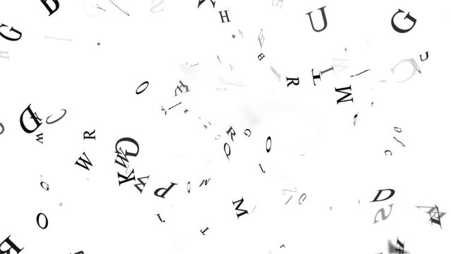 Abstract alphabet letters flying over a white screen, 4k literature looping background