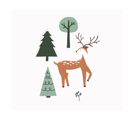 Naklejka premium Cute winter card with deer animal character and spruce trees. Hand drawn doodle drawing xmas childish vector illustration in flat style for kids t shirt, print card