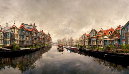 Panoramic view of traditional houses along Damrak Canal in Amsterdam Netherlands. Digital art and Concept digital illustration.