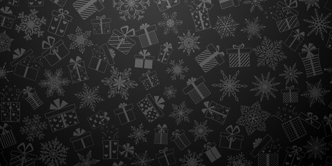 Background made of complex Christmas snowflakes and gift boxes with different patterns, in black colors