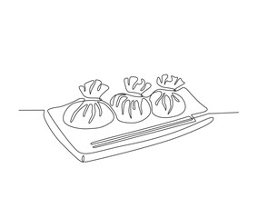 Continuous one line drawing of dim sum or shumay. Dimsum simple line art vector design.