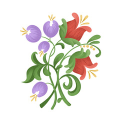 Traditional folk flower arrangement. Bouquet of blue and red flowers. Isolated illustration. Element design