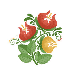 Hand drawn flowers in folk style. Stylized red and yellow poppies. Watercolor painting on isolated background