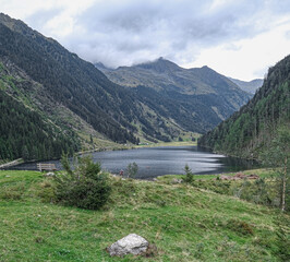 View of Riesach Valley and Riesach Lake on return from the hike to Preintaler Refuge, near the town of Schladming, Styria, Austria