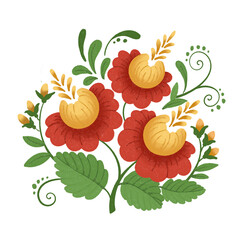Floral element in folk style. Three roses and buds. Watercolor illustration on isolated background