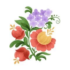 Floral summer composition in folk style. A branch of lilac and rose. Isolated illustration. Design element