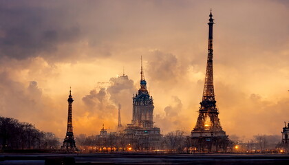 Paris skyline at dusk with Eiffel Tower seen from Place du Trocadéro France. Digital art and Concept digital illustration. - obrazy, fototapety, plakaty