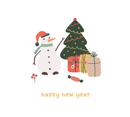 Cute winter card with snowman character, christmas tree, gift boxes. Hand drawn doodle drawing xmas childish vector illustration in flat style for kids t shirt, print card
