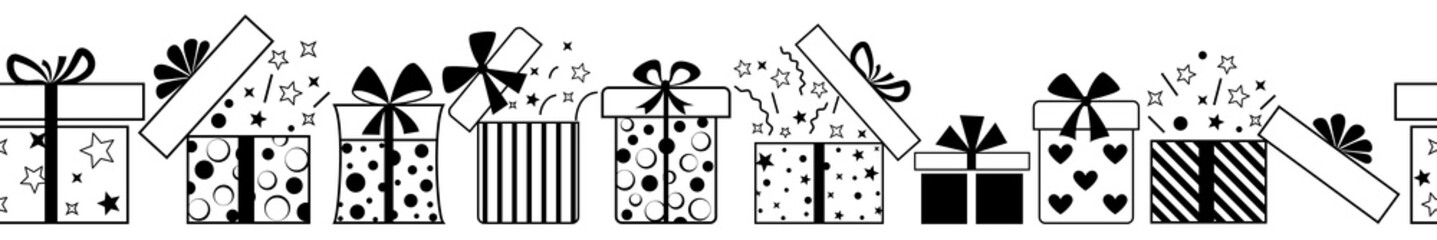 Banner of gift boxes with bows and different patterns, black on white background, with seamless horizontal repetition