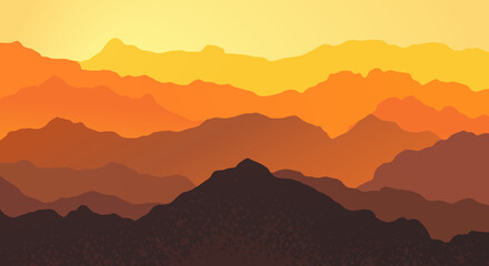 Fototapeta na wymiar Illustration of nature, silhouettes of high mountains in orange fog and warm sunlight, vector illustration for banner, poster, card, header. 